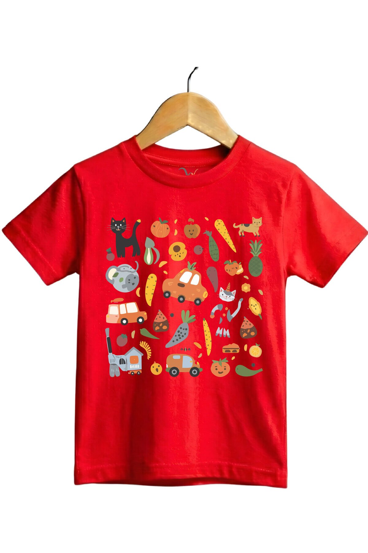 Eğlenceli Yemek & Hayvan İllüstrasyonlu Regular Fit %100 Pamuk Kısa Kollu Çocuk T-shirt Kırmızı - 9-10 Yaş