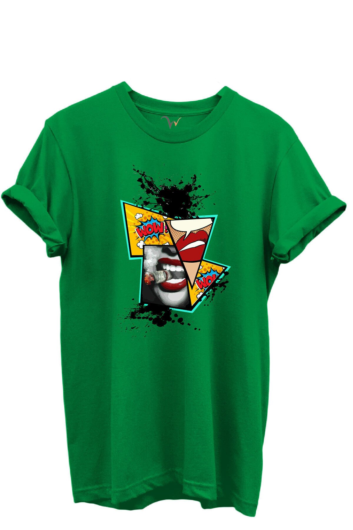 Pop Art Dudak ve Çizgi Roman Baskılı WOW Temalı %100 Pamuk Regular Fit Unisex T-Shirt Yeşil - L