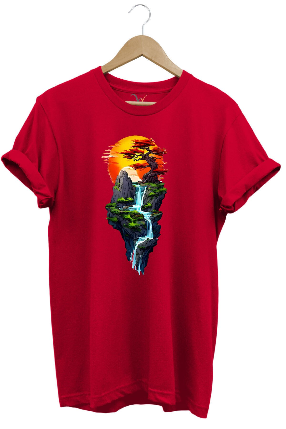 Manzara Ağaç Güneş Dağ Ve Nehir Baskılı %100 Pamuk Regular Fit Bisiklet Yaka Haki T-shirt Kırmızı - XL