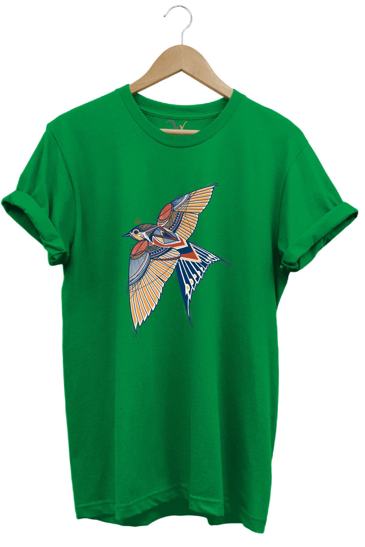 Kırlangıç Kuşu Dekoratif Baskılı %100 Pamuk Regular Fit Unisex T-Shirt Yeşil - L