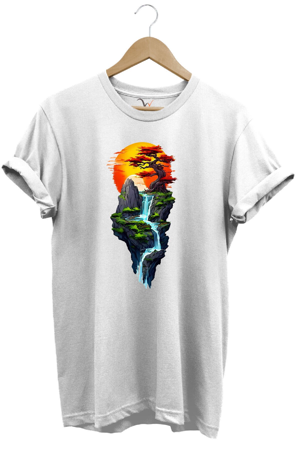 Manzara Ağaç Güneş Dağ Ve Nehir Baskılı %100 Pamuk Regular Fit Bisiklet Yaka Haki T-shirt Beyaz - XL