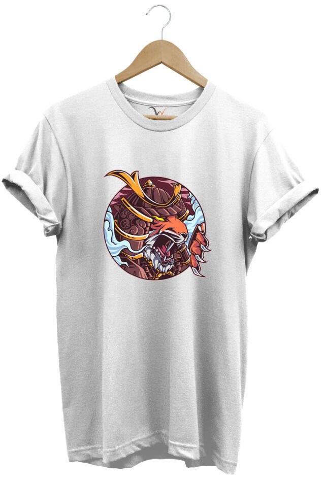 Streetwear Savaşçı Japon Kaplan Baskılı Şık Tasarımlı %100 Pamuk Bisiklet Yaka Haki T-shirt Beyaz - 2XL