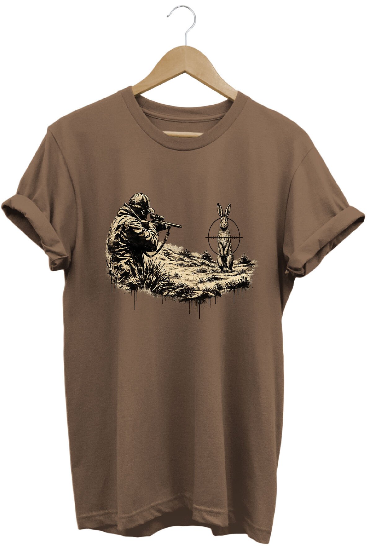 Tavşan ve Nişangah Baskılı Arazi ve Atıcılık Tişörtü Outdoor Giyim Açık Kahverengi - 3XL