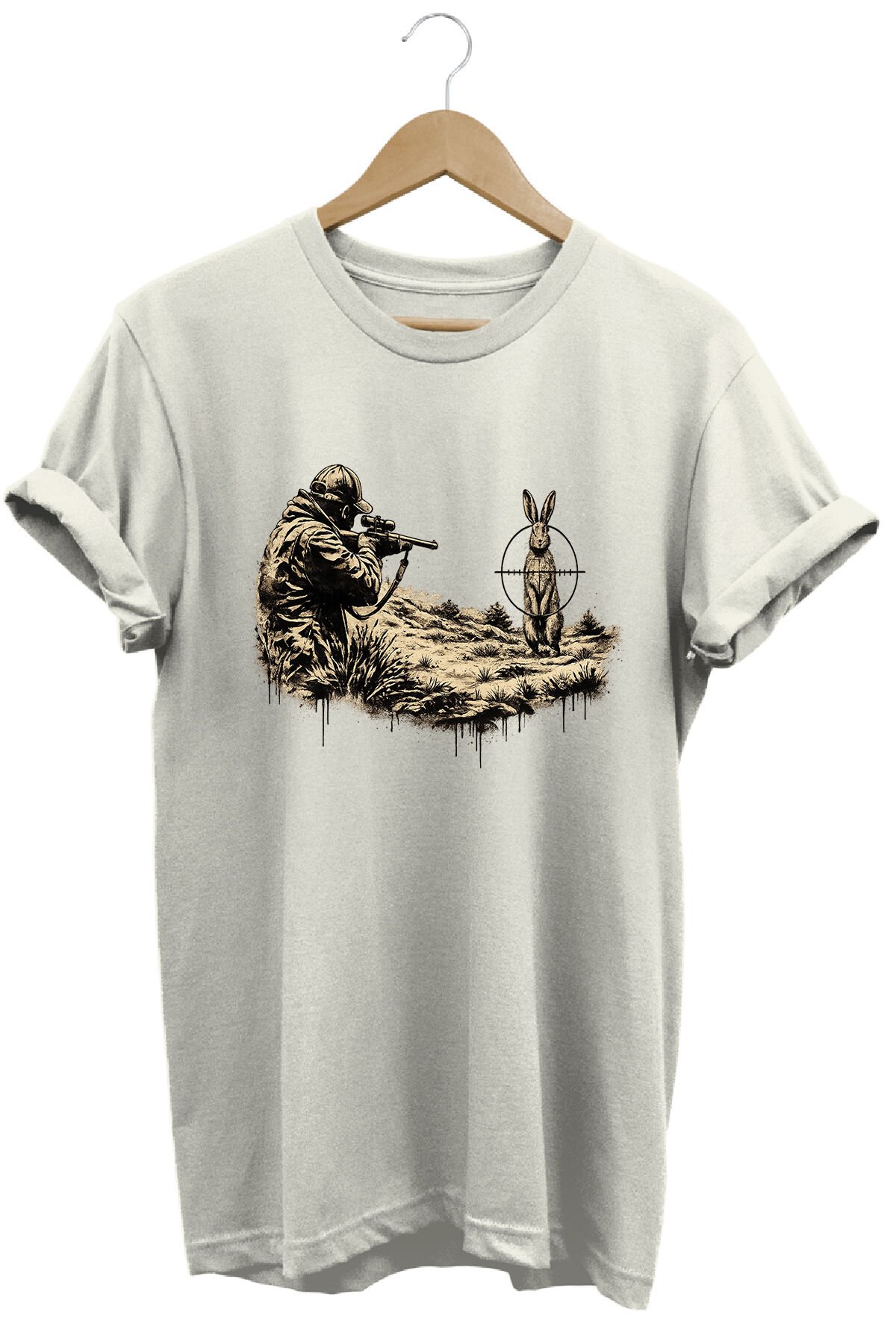 Tavşan ve Nişangah Baskılı Arazi ve Atıcılık Tişörtü Outdoor Giyim Beyaz - 3XL