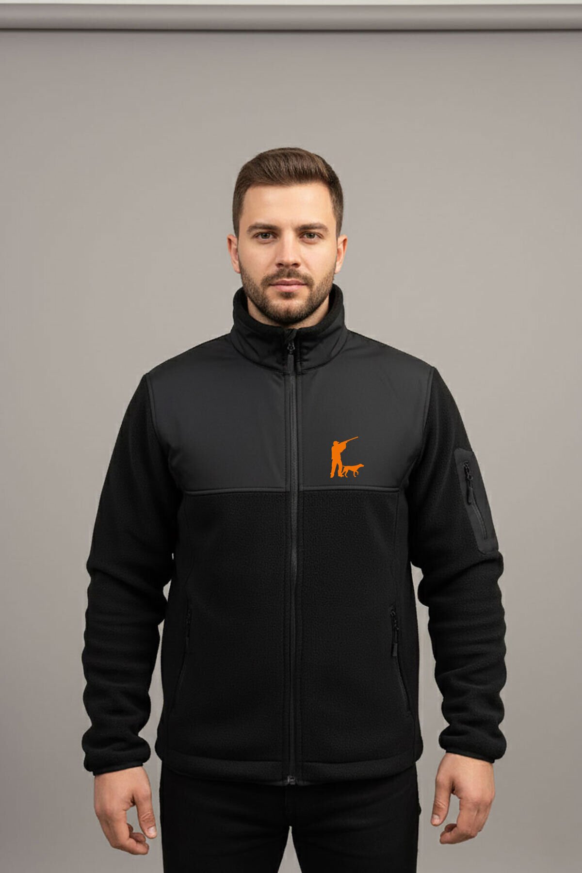 Avcılık Avcı ve Av Köpeği Baskılı Dik Yaka Garnili Softshell Polar Ceket Siyah - 3XL