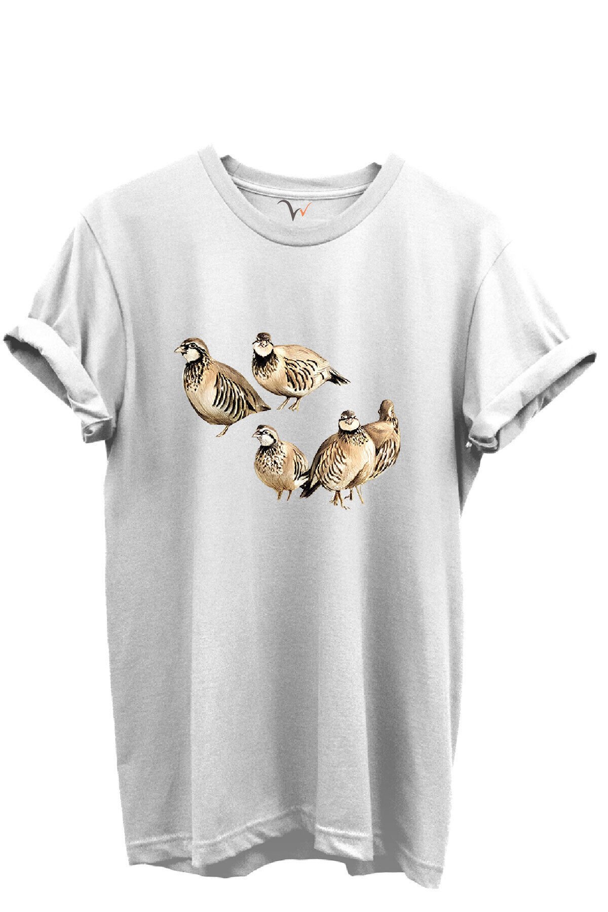 Beşli Keklik Baskılı Doğa ve Av Temalı %100 Pamuk Regular Fit Unisex T-Shirt Beyaz - S
