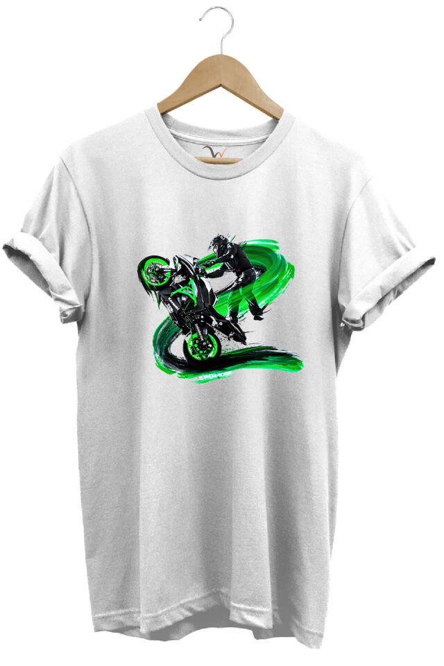 Racing Motosiklet Baskılı Ön Kaldıran Motorcu %100 Pamuk Regular Fit Bisiklet Yaka Turuncu T-shirt Beyaz - S