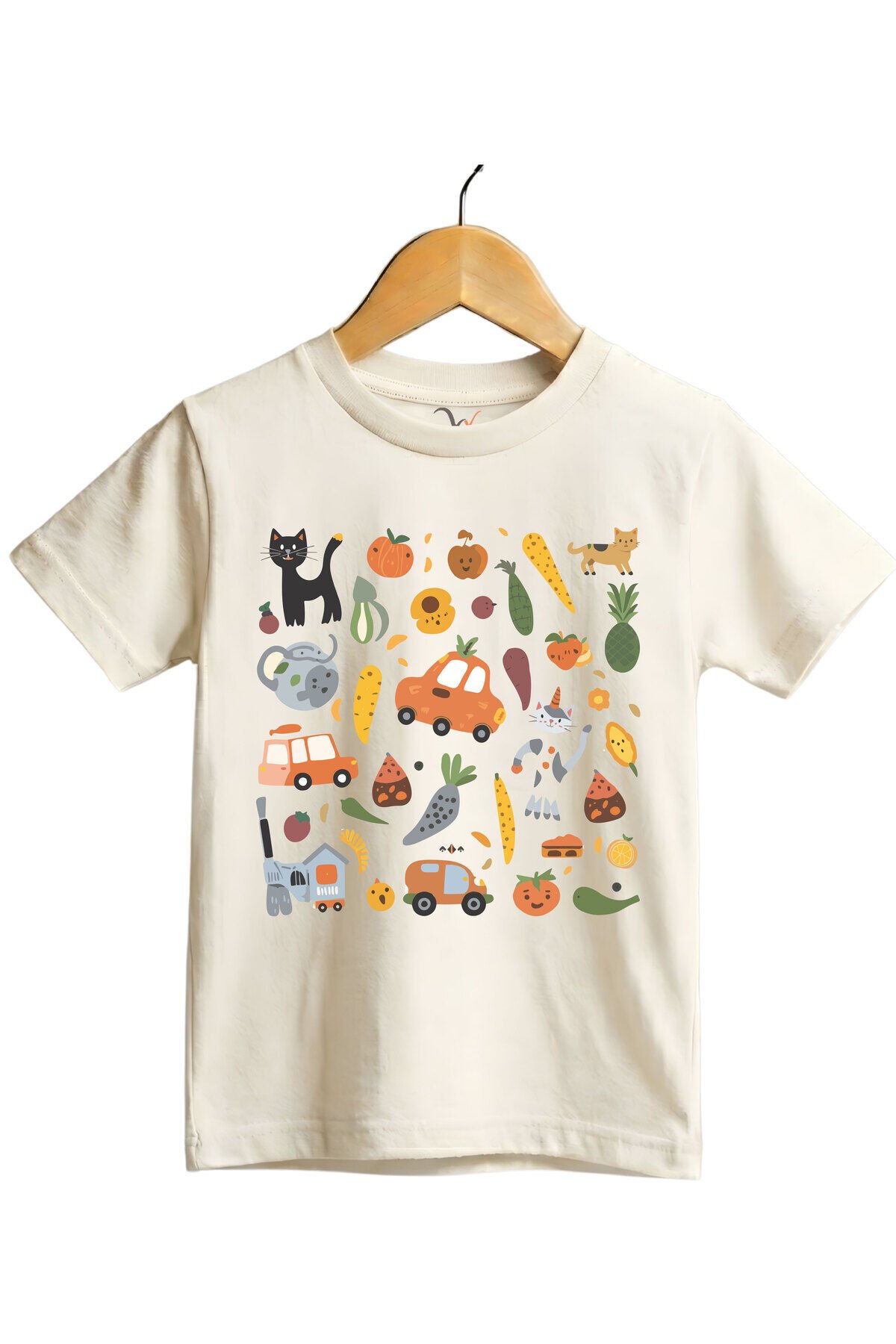 Eğlenceli Yemek & Hayvan İllüstrasyonlu Regular Fit %100 Pamuk Kısa Kollu Çocuk T-shirt Ekru - 9-10 Yaş