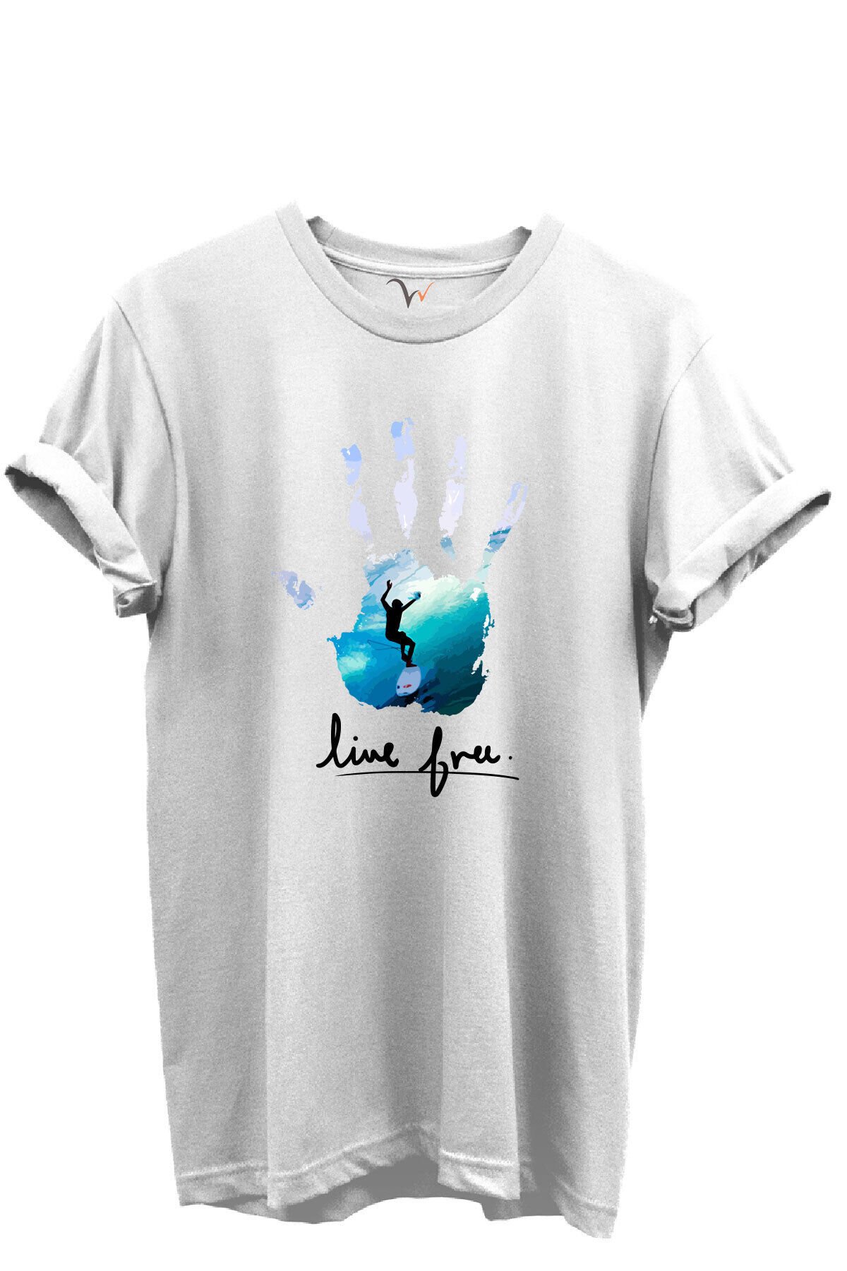 Live Free Yazılı Sörfçü ve El Baskılı %100 Pamuk Regular Fit Unisex T-Shirt Beyaz - 2XL
