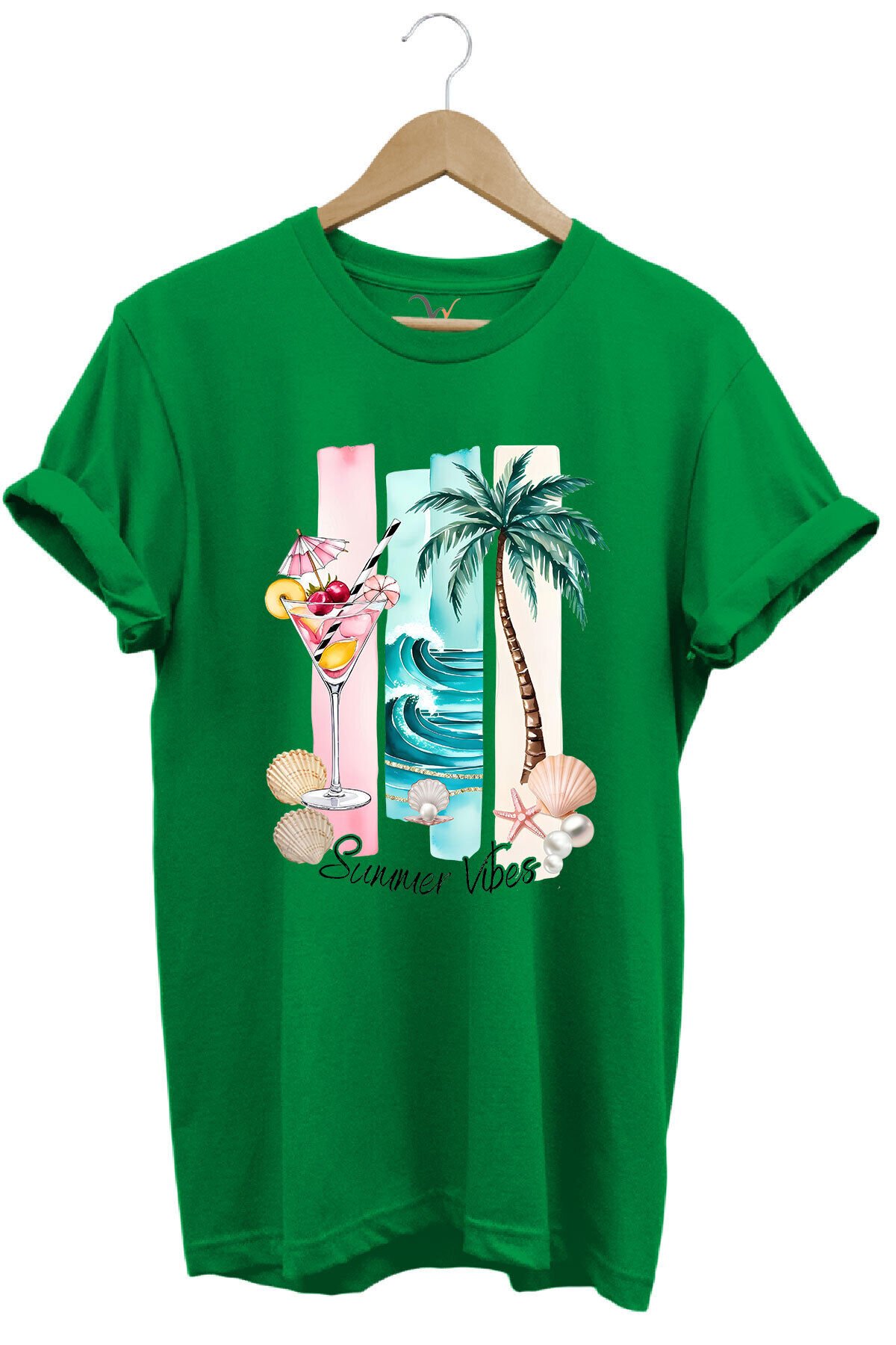 Summer Vibes Yaz Temalı Kokteyl, Palmiye ve Deniz Desenli %100 Pamuk Regular Fit T-Shirt Yeşil - XL