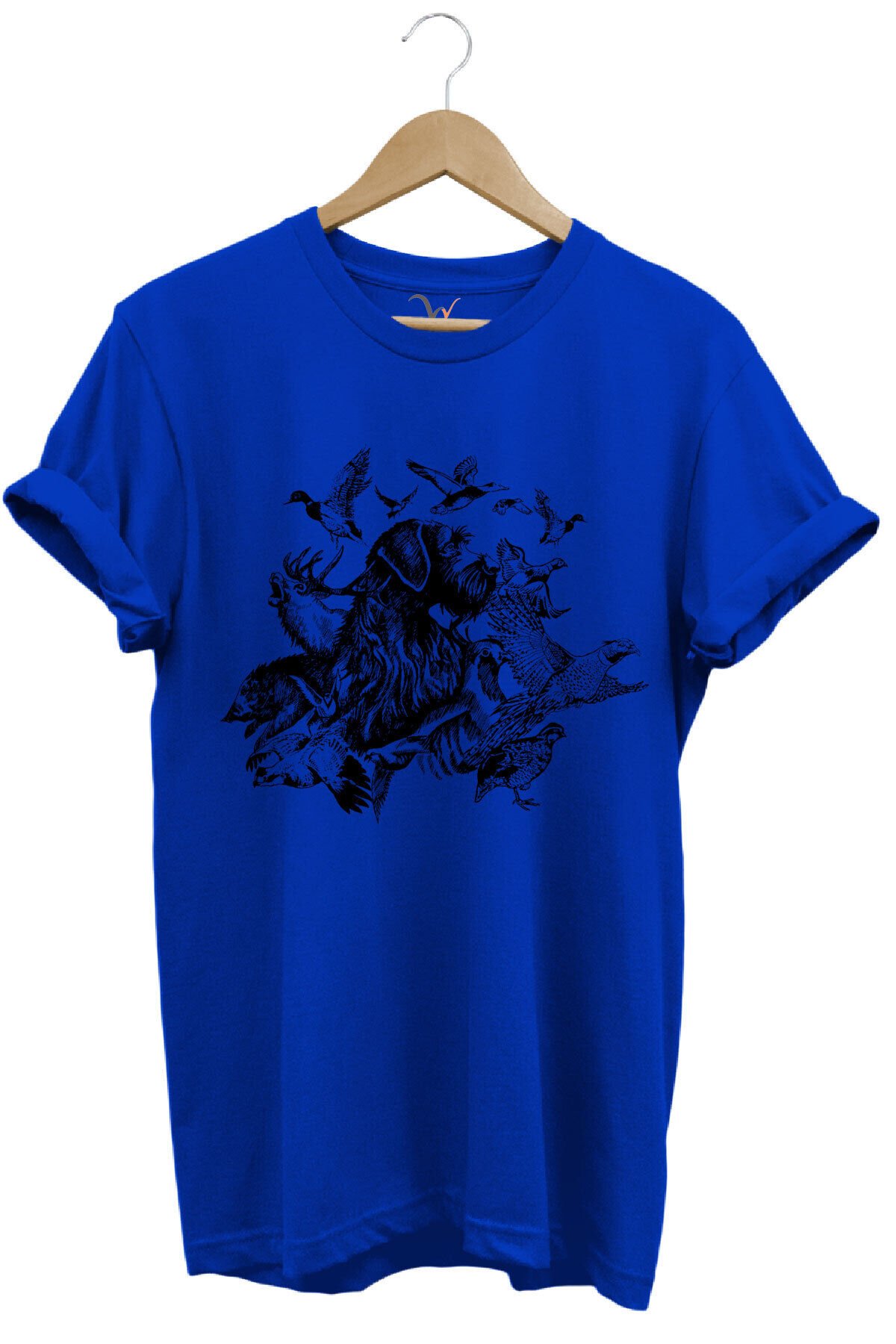 Avcılık Hunter Drahthaar Av Köpeği ve Keklik Ördek Çulluk Baskılı Regular Fit %100 Pamuk T-Shirt Saks Mavi - 2XL