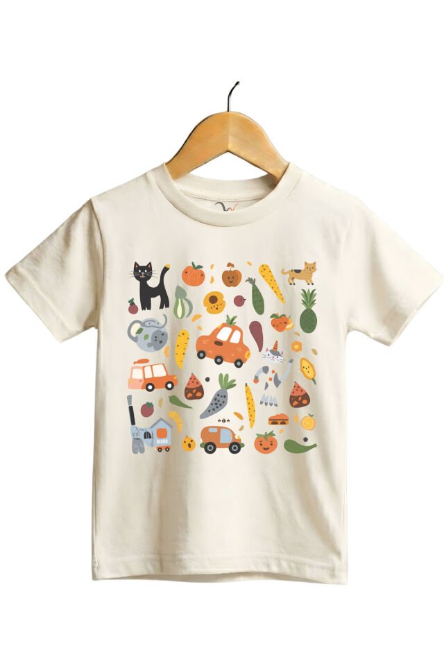 Eğlenceli Yemek & Hayvan İllüstrasyonlu Regular Fit %100 Pamuk Kısa Kollu Çocuk T-shirt Ekru - 7-8 Yaş