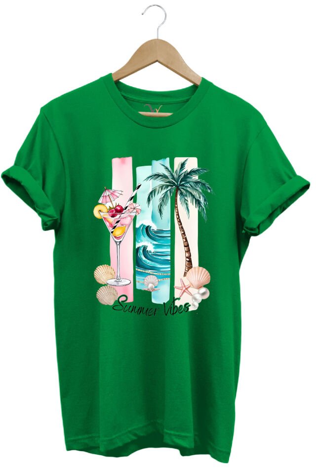 Summer Vibes Yaz Temalı Kokteyl, Palmiye ve Deniz Desenli %100 Pamuk Regular Fit T-Shirt Yeşil - S