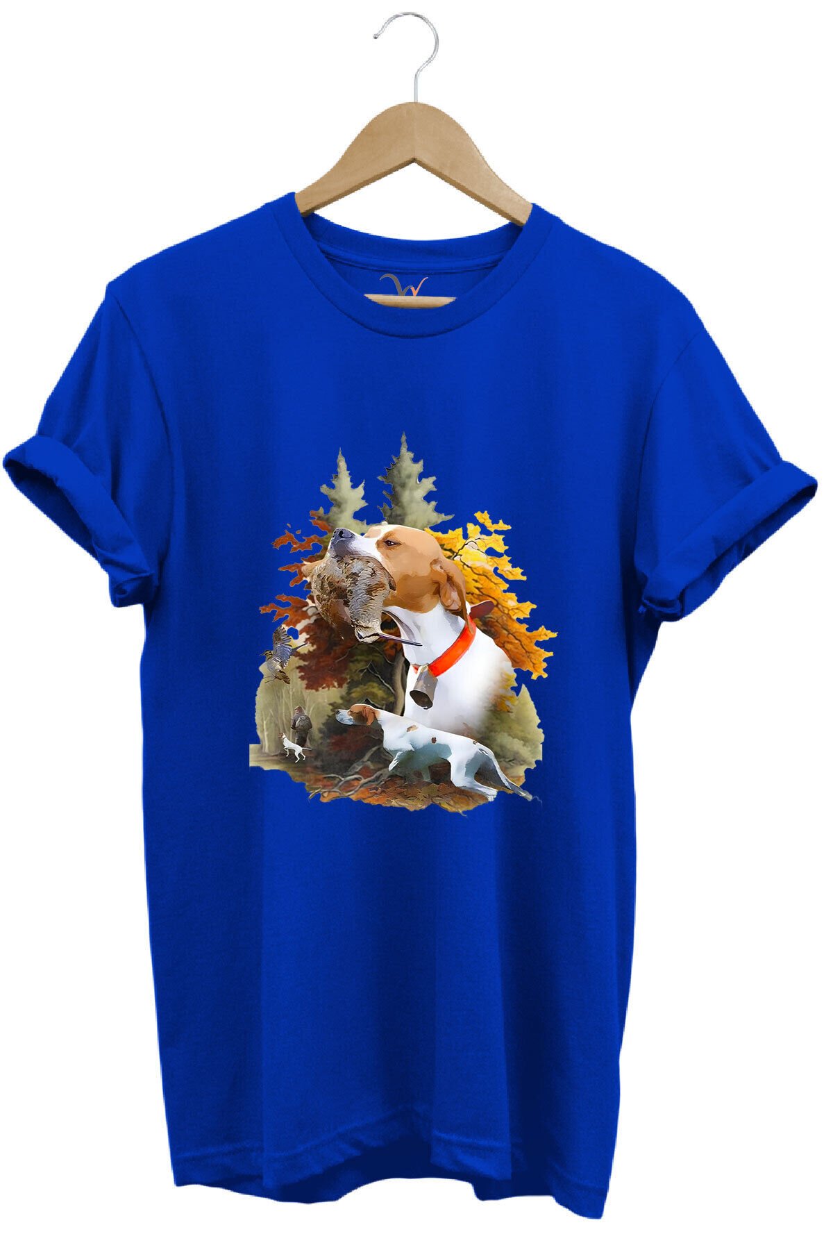 Hunting Avcılık Çulluk Ve English Pointer Av Köpeği Baskılı %100 Pamuk Regular Fit Siyah T-shirt Mavi - 2XL