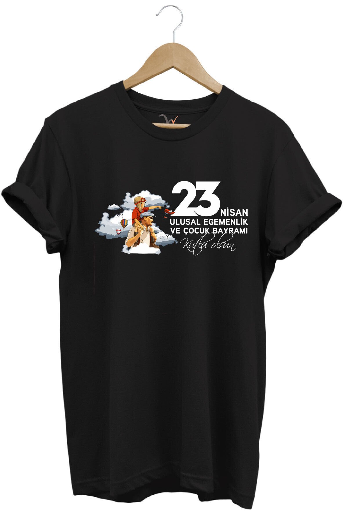 23 Nisan Çocuk Bayramı Mustafa Kemal ATATÜRK Baskılı %100 Pamuk Regular Fit Bisiklet Yaka T-Shirt Siyah - S