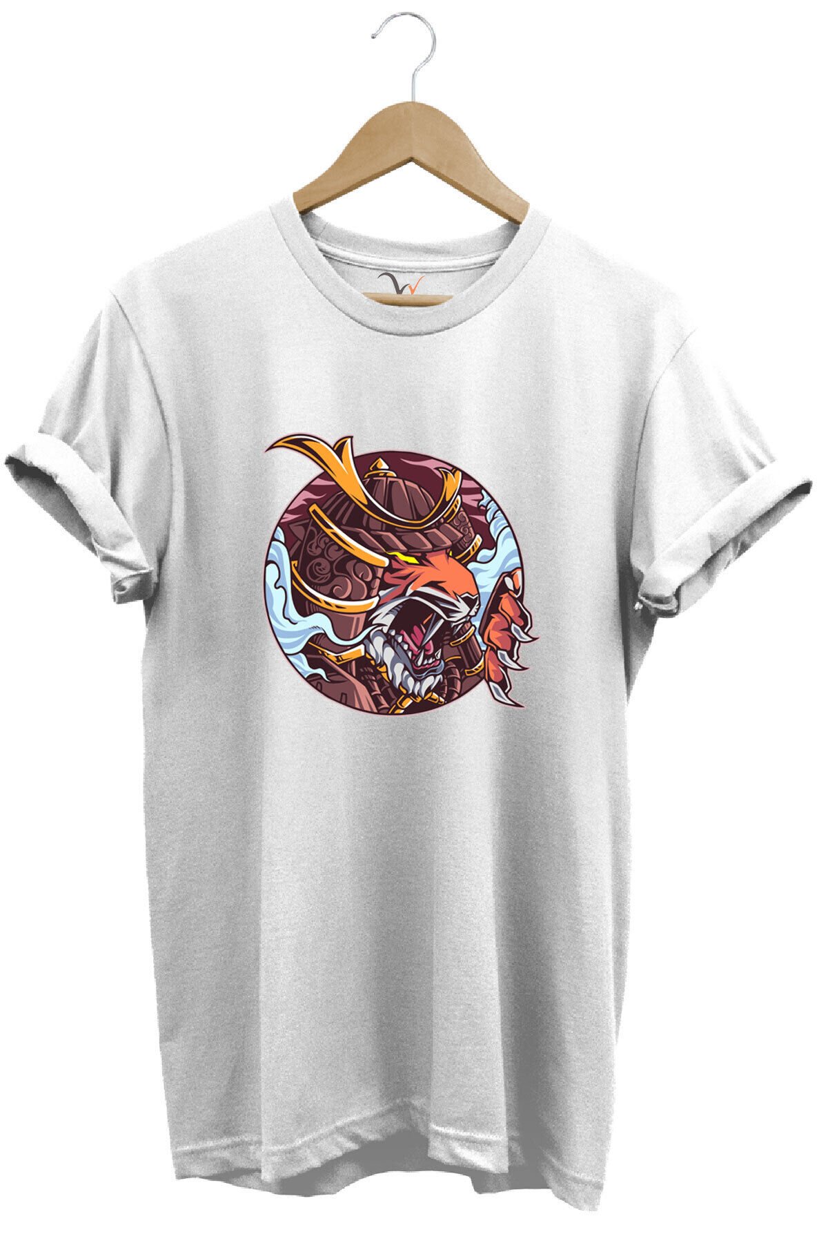 Streetwear Savaşçı Japon Kaplan Baskılı Şık Tasarımlı %100 Pamuk Bisiklet Yaka Haki T-shirt Beyaz - L