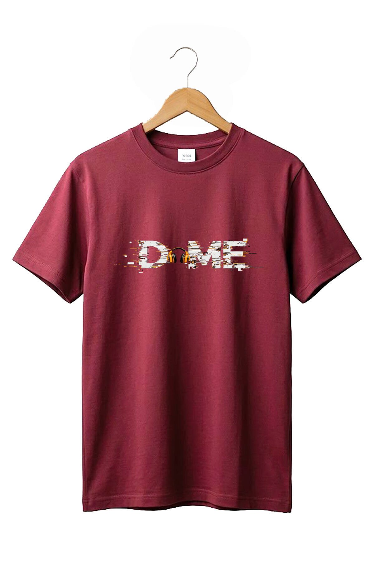 Unisex Müzik Temalı DOME Yazılı Kulaklık Figürlü Glitch Tasarım Sokak Stili %100 Pamuk Basic T-Shirt Bordo - S