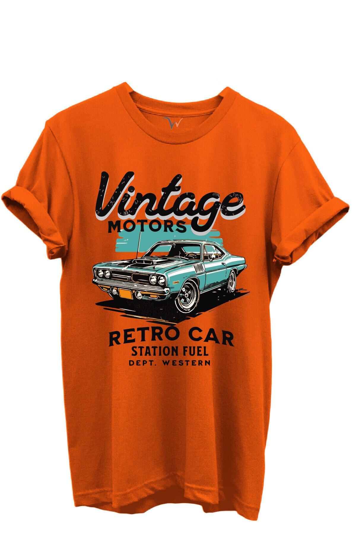 Vintage Motors Yazılı Retro Araba Baskılı %100 Pamuk Regular Fit Unisex T-Shirt Turuncu - S