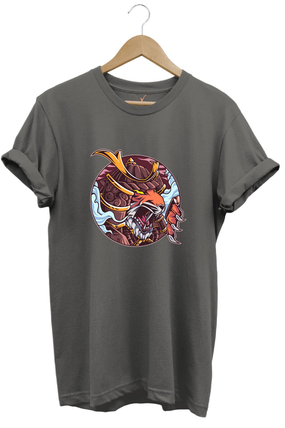 Streetwear Savaşçı Japon Kaplan Baskılı Şık Tasarımlı %100 Pamuk Bisiklet Yaka Haki T-shirt Gri - L