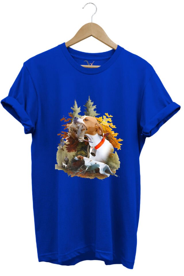 Hunting Avcılık Çulluk Ve English Pointer Av Köpeği Baskılı %100 Pamuk Regular Fit Siyah T-shirt Mavi - S
