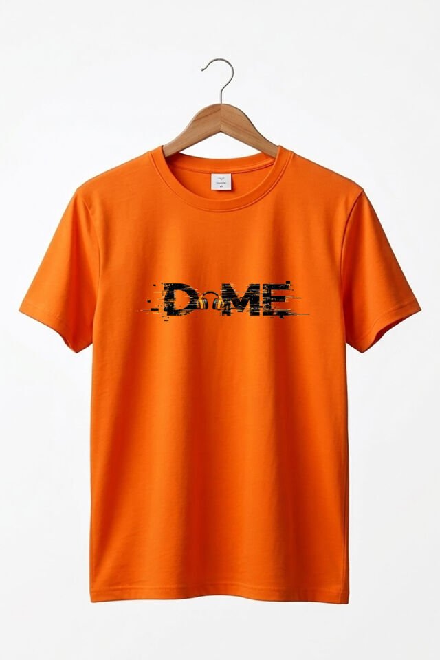Unisex Müzik Temalı DOME Yazılı Kulaklık Figürlü Glitch Tasarım Sokak Stili %100 Pamuk Basic T-Shirt Turuncu - M
