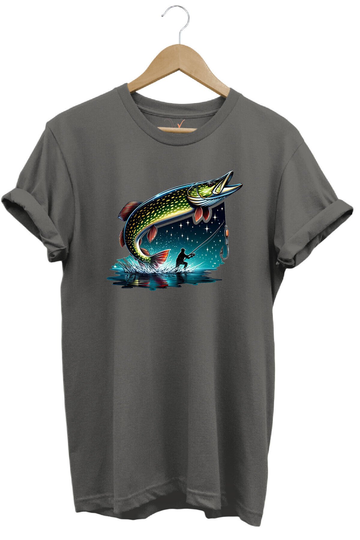 Fishing Avcılık Sazan Balığı Tasarım Baskılı %100 Pamuk Regular Fit T-shirt Gri - L