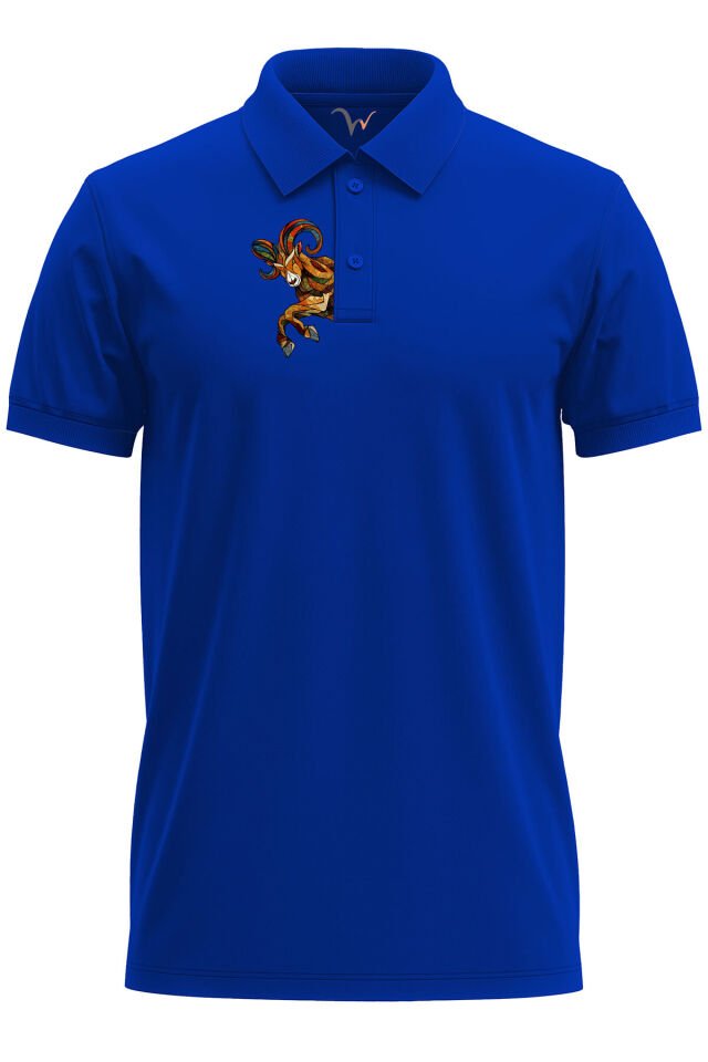 Outdoor Stil Dağ Keçisi Göğüs Baskılı Regular Fit %100 Pamuk Polo Yaka T-Shirt Saks Mavi - S