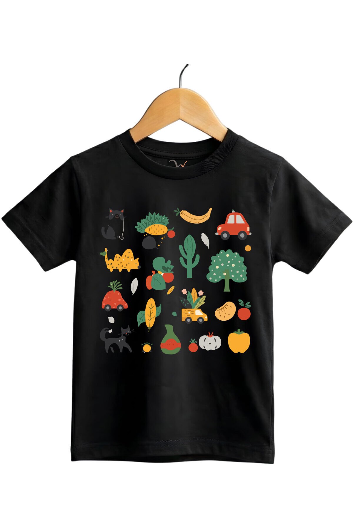 Fun Mix Sebze, Meyve ve Hayvan Baskılı Regular Fit %100 Pamuk Kısa Kollu Çocuk T-shirt Siyah - 5-6 Yaş