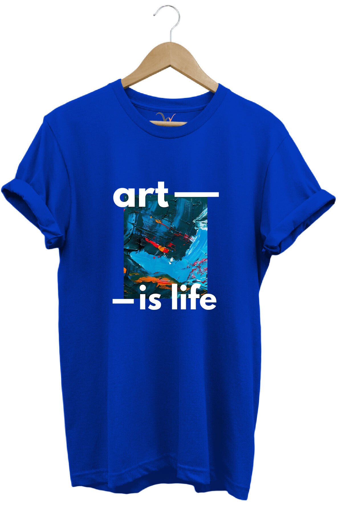 Sanatsal Renkli Tasarım Baskılı Art is Life Yazılı %100 Pamuk Regular Fit Unisex T-Shirt Mavi - 2XL