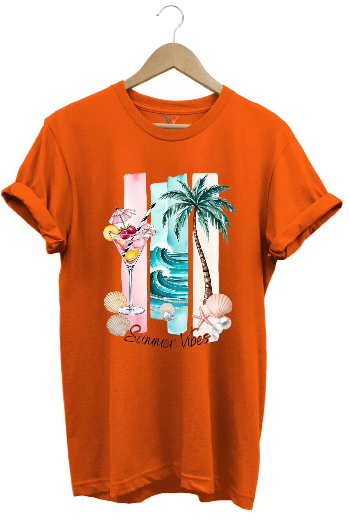 Summer Vibes Yaz Temalı Kokteyl, Palmiye ve Deniz Desenli %100 Pamuk Regular Fit T-Shirt Turuncu - XL