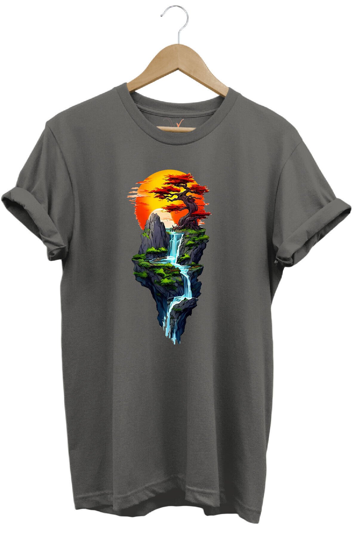 Manzara Ağaç Güneş Dağ Ve Nehir Baskılı %100 Pamuk Regular Fit Bisiklet Yaka Haki T-shirt Gri - L