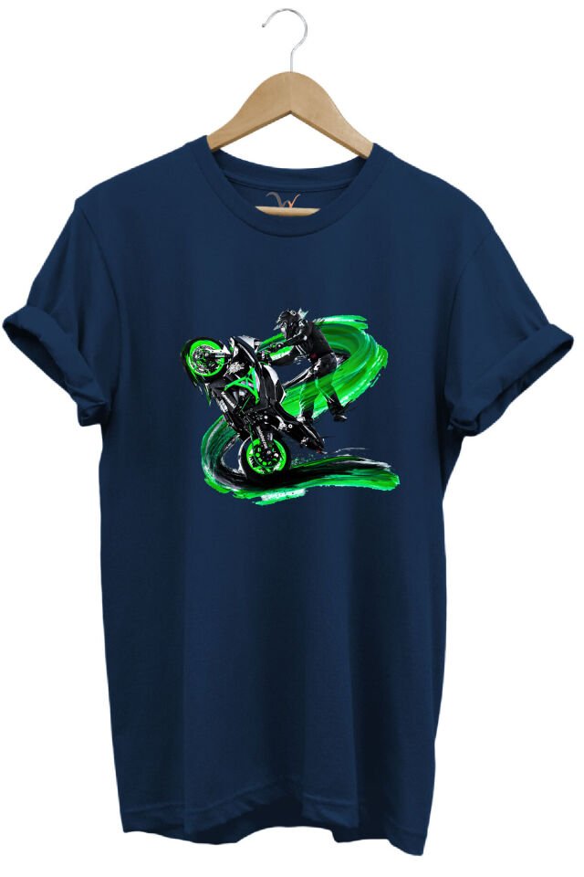 Racing Motosiklet Baskılı Ön Kaldıran Motorcu %100 Pamuk Regular Fit Bisiklet Yaka Turuncu T-shirt Lacivert - M