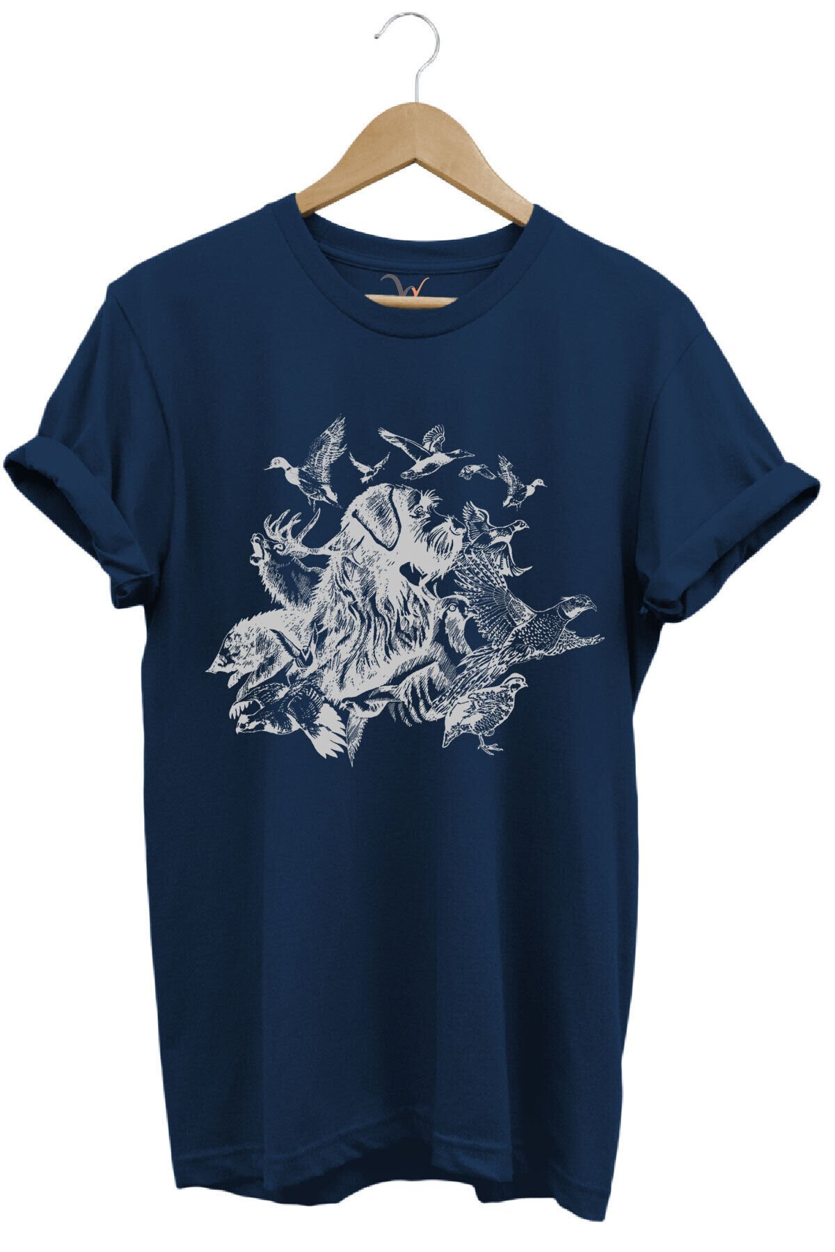 Avcılık Hunter Drahthaar Av Köpeği ve Keklik Ördek Çulluk Baskılı Regular Fit %100 Pamuk T-Shirt Lacivert - XL