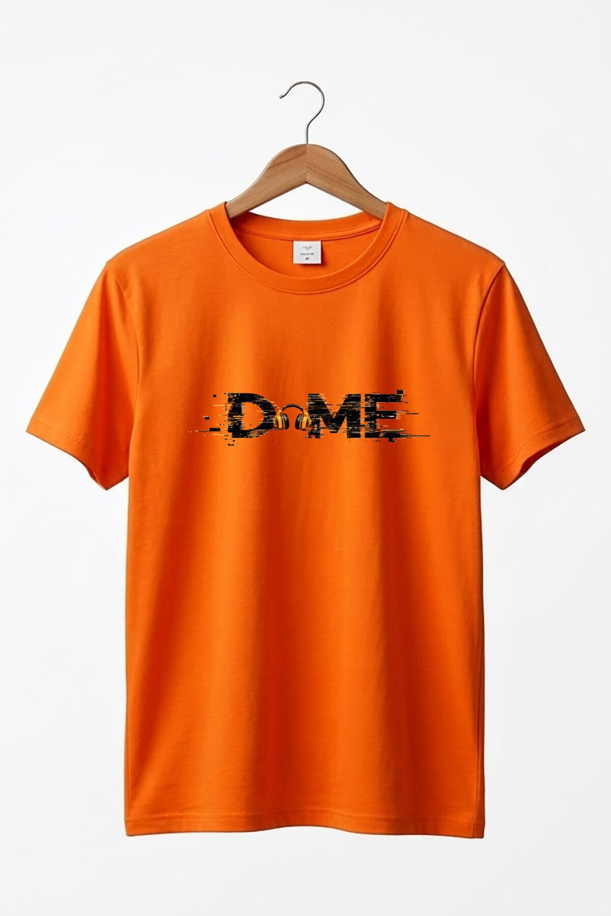 Unisex Müzik Temalı DOME Yazılı Kulaklık Figürlü Glitch Tasarım Sokak Stili %100 Pamuk Basic T-Shirt Turuncu - L