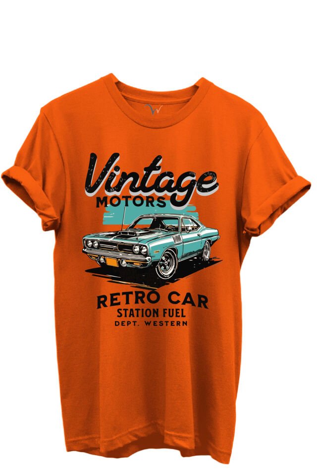 Vintage Motors Yazılı Retro Araba Baskılı %100 Pamuk Regular Fit Unisex T-Shirt Turuncu - M