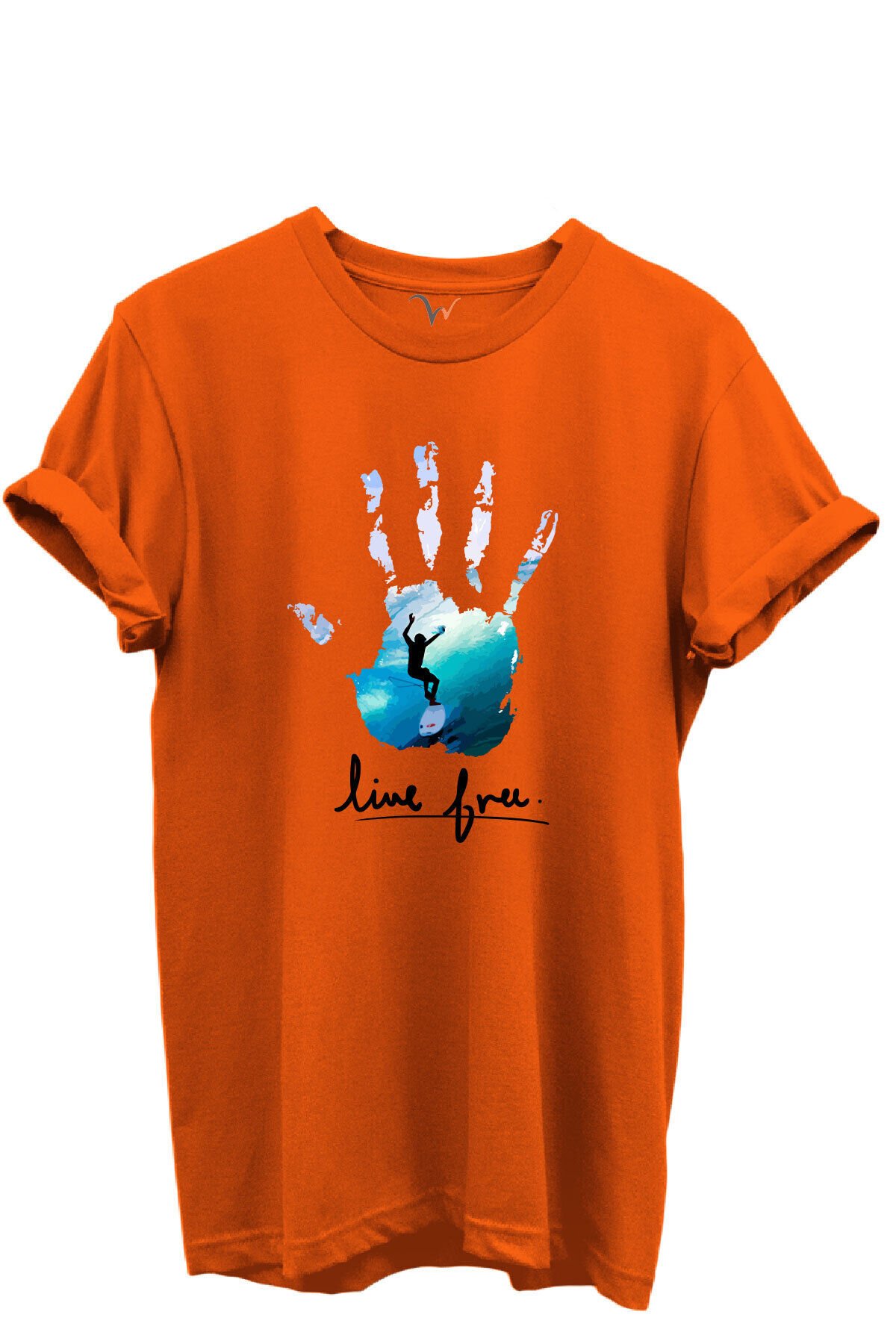 Live Free Yazılı Sörfçü ve El Baskılı %100 Pamuk Regular Fit Unisex T-Shirt Turuncu - XL