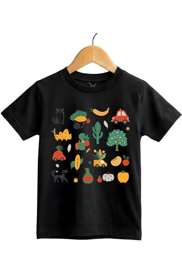 Fun Mix Sebze, Meyve ve Hayvan Baskılı Regular Fit %100 Pamuk Kısa Kollu Çocuk T-shirt Siyah - 11-12 Yaş