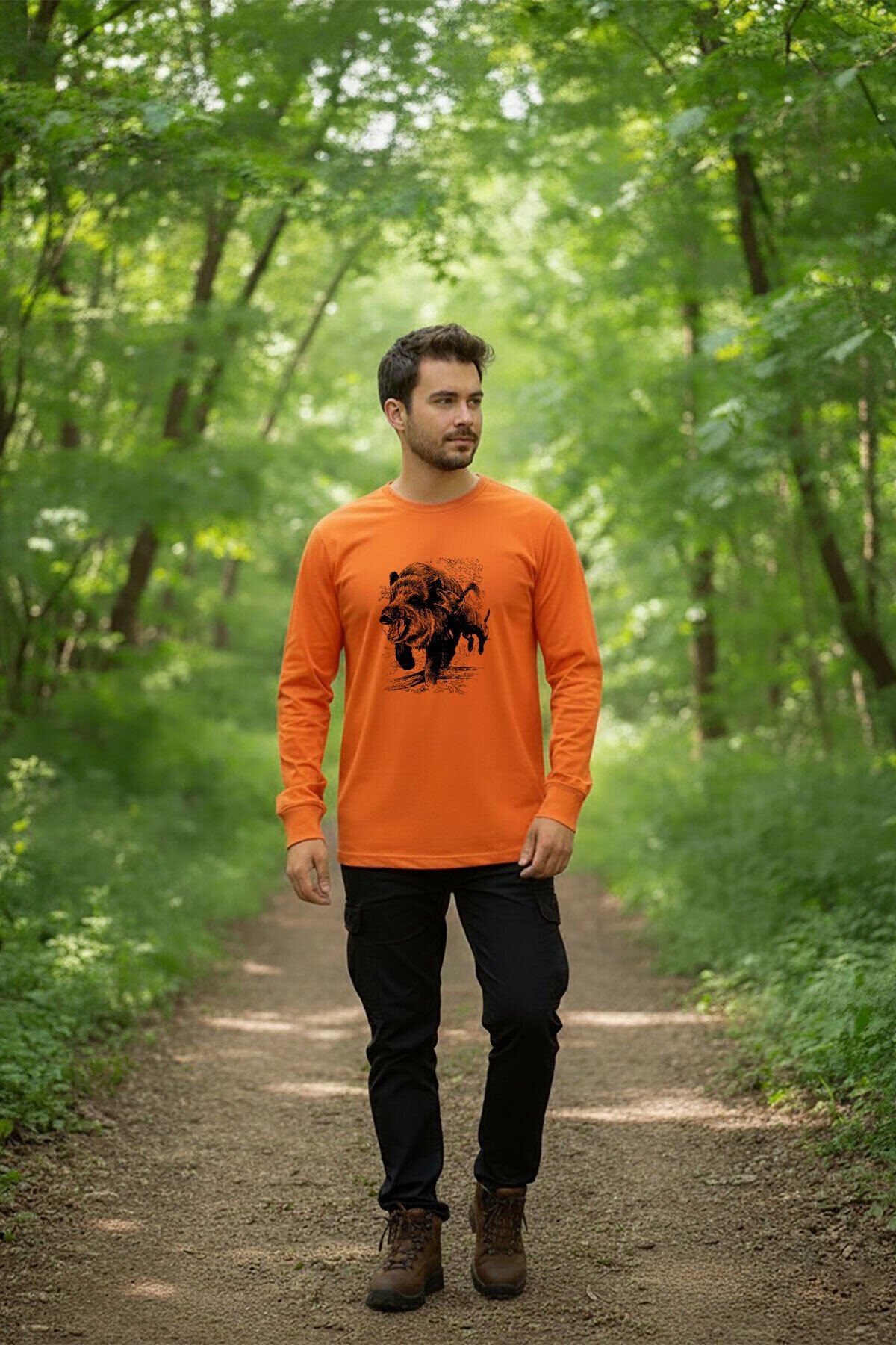 Domuz Avı Baskılı Regular Fit Turuncu Bisiklet Yaka Uzun Kollu T-Shirt