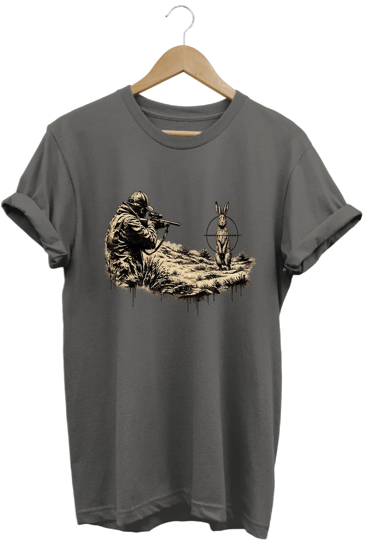 Tavşan ve Nişangah Baskılı Arazi ve Atıcılık Tişörtü Outdoor Giyim Gri Melanj - M