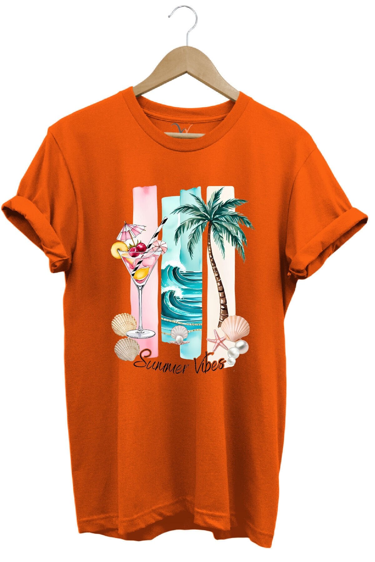 Summer Vibes Yaz Temalı Kokteyl, Palmiye ve Deniz Desenli %100 Pamuk Regular Fit T-Shirt Turuncu - 2XL