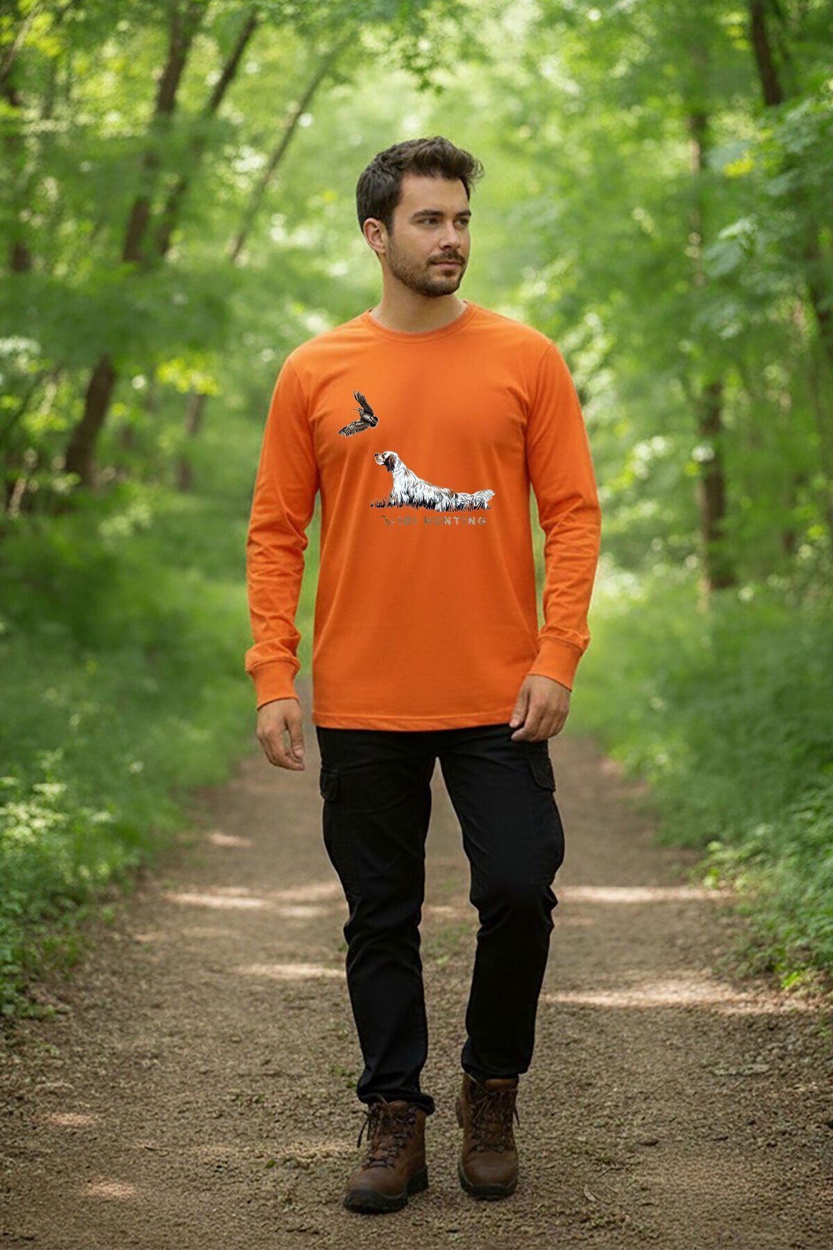 Avcılık Fermalı English Setter Baskılı %100 Pamuk Turuncu Bisiklet Yaka Uzun Kollu T-Shirt