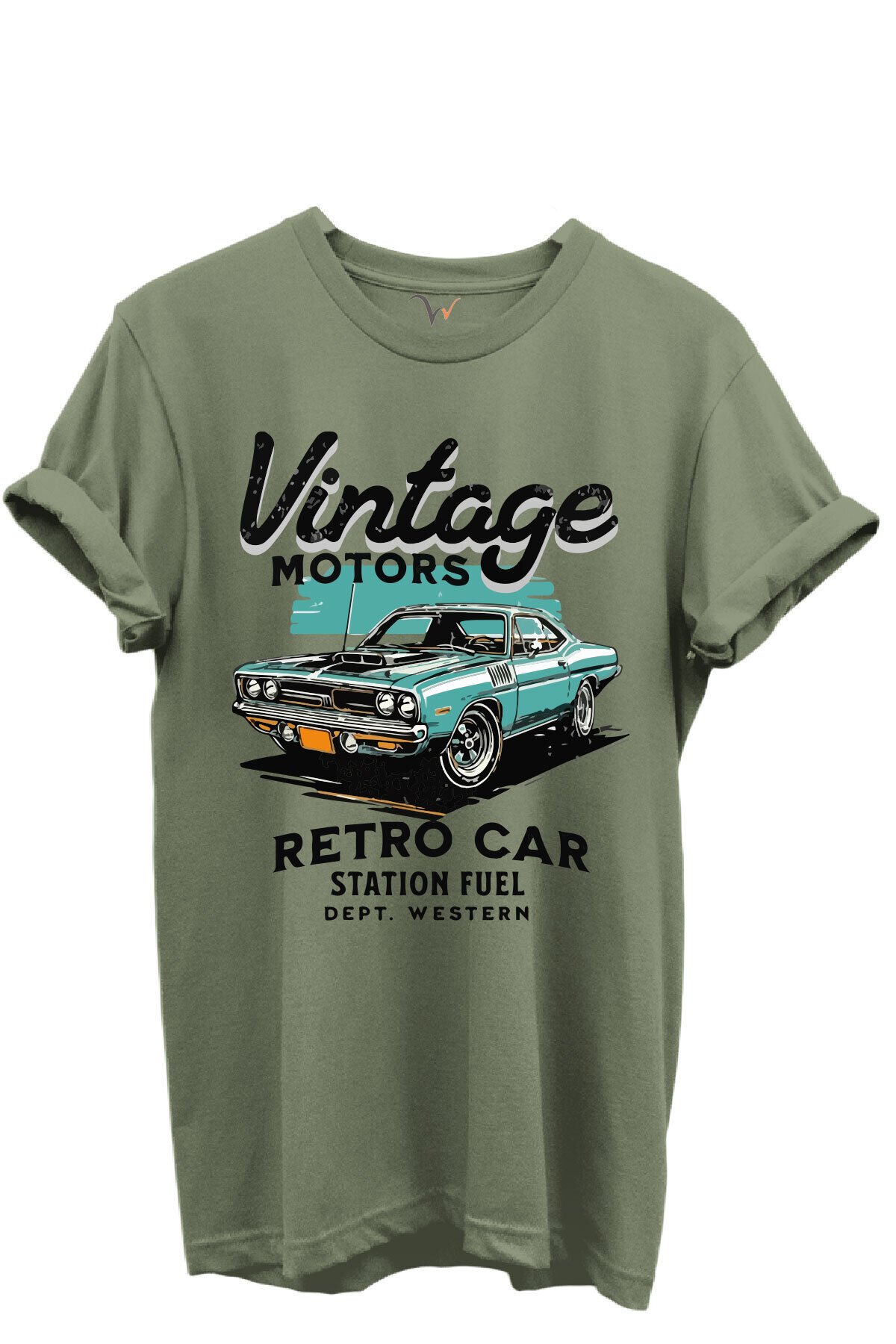 Vintage Motors Yazılı Retro Araba Baskılı %100 Pamuk Regular Fit Unisex T-Shirt Haki - S