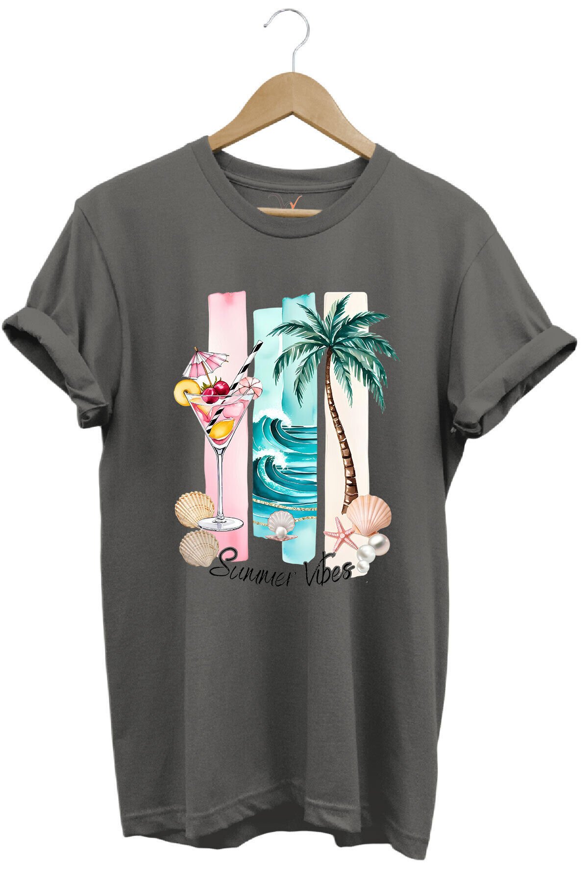 Summer Vibes Yaz Temalı Kokteyl, Palmiye ve Deniz Desenli %100 Pamuk Regular Fit T-Shirt Gri - M
