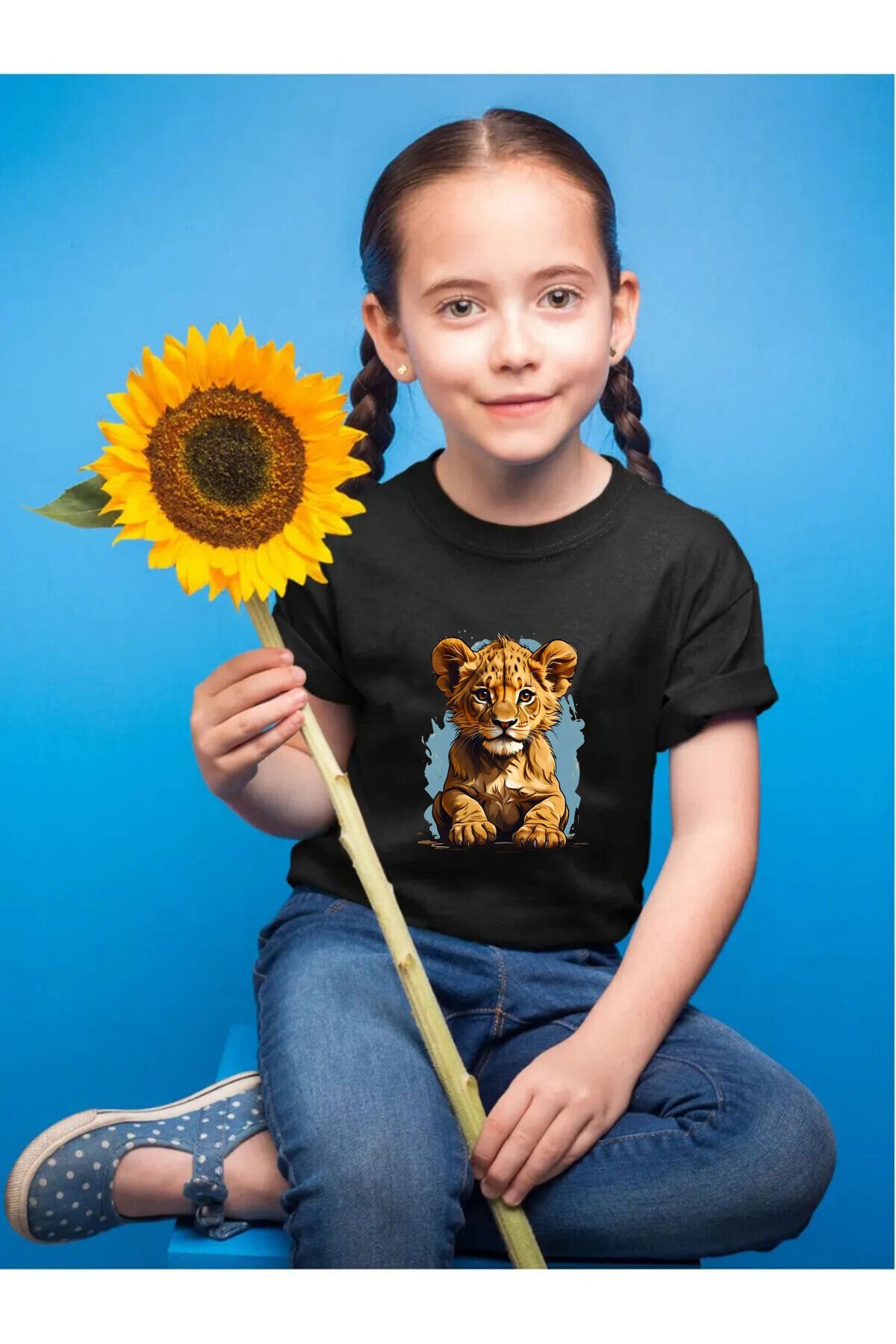 Yavru Aslan Baskılı Regular Fit %100 Pamuk Bisiklet Yaka Çocuk Kırmızı T-shirt Siyah - 7-8 Yaş