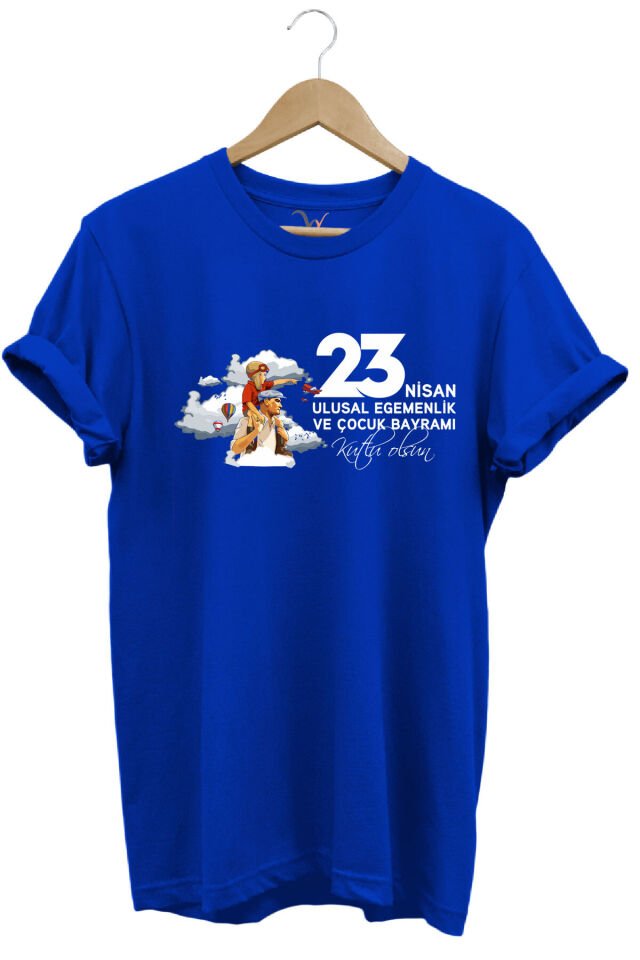 23 Nisan Çocuk Bayramı Mustafa Kemal ATATÜRK Baskılı %100 Pamuk Regular Fit Bisiklet Yaka T-Shirt Mavi - 3XL