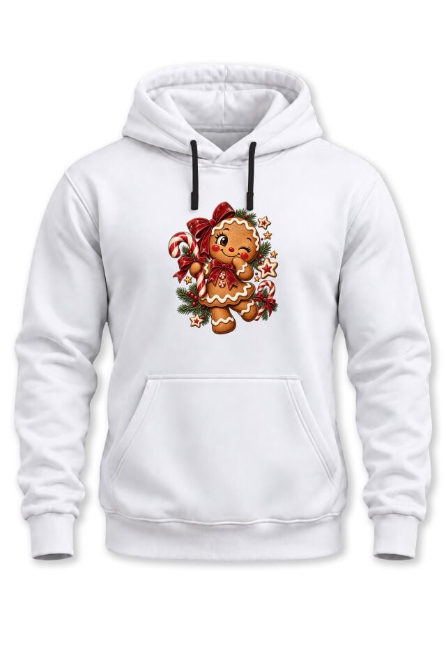 Unisex Yılbaşı Temalı Sevimli Gingerbread Kurabiye Baskılı Kapüşonlu Sweatshirt Hoodie
