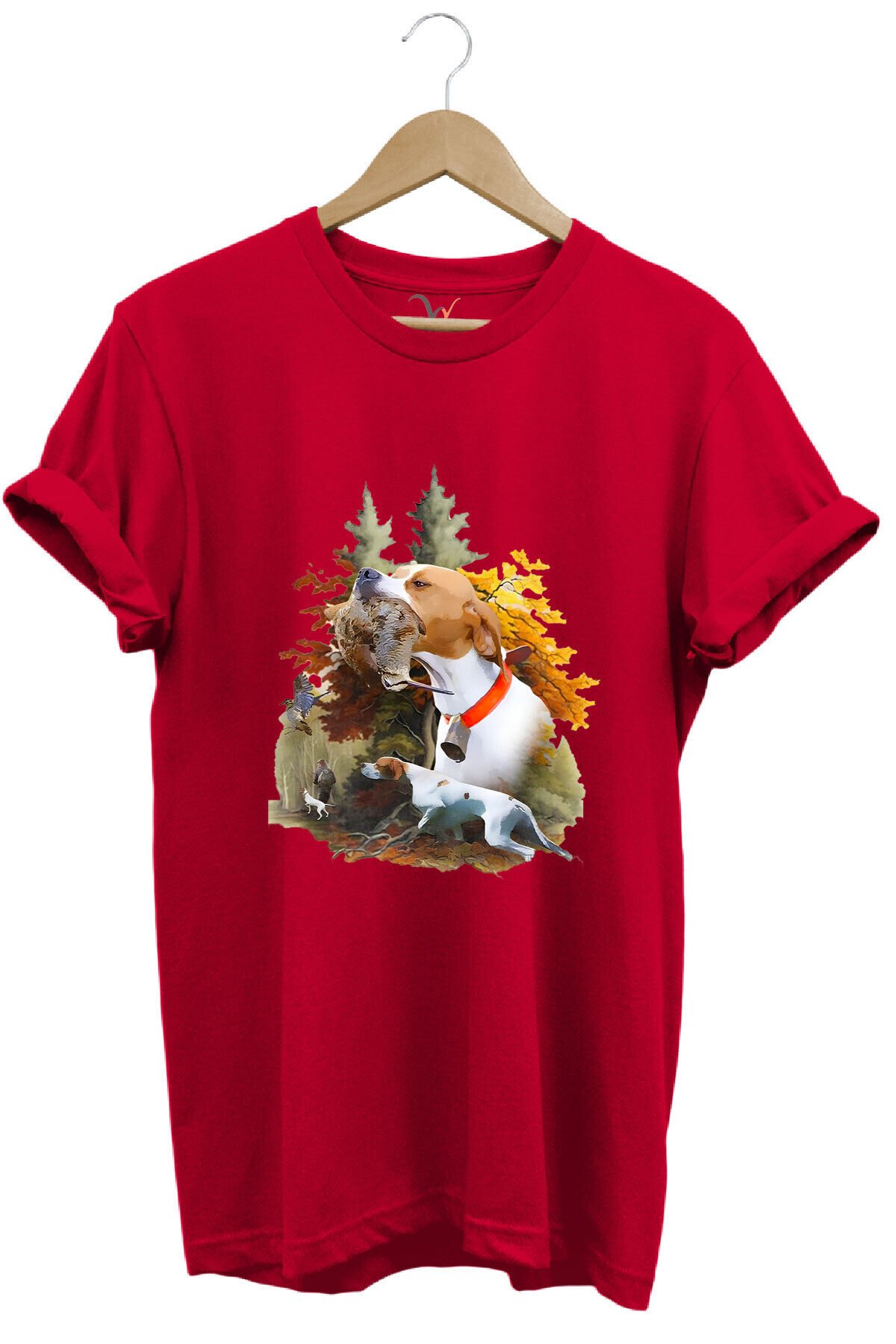 Hunting Avcılık Çulluk Ve English Pointer Av Köpeği Baskılı %100 Pamuk Regular Fit Siyah T-shirt Kırmızı - XL