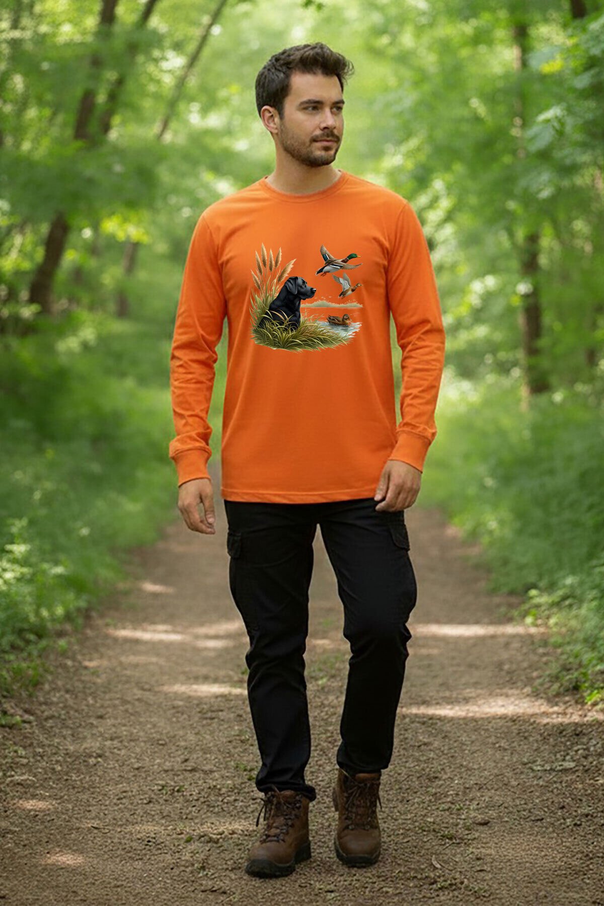 Hunter Avcılık Ördek Setter Baskılı %100 Pamuk Turuncu Bisiklet Yaka Uzun Kollu T-Shirt Turuncu - 3XL