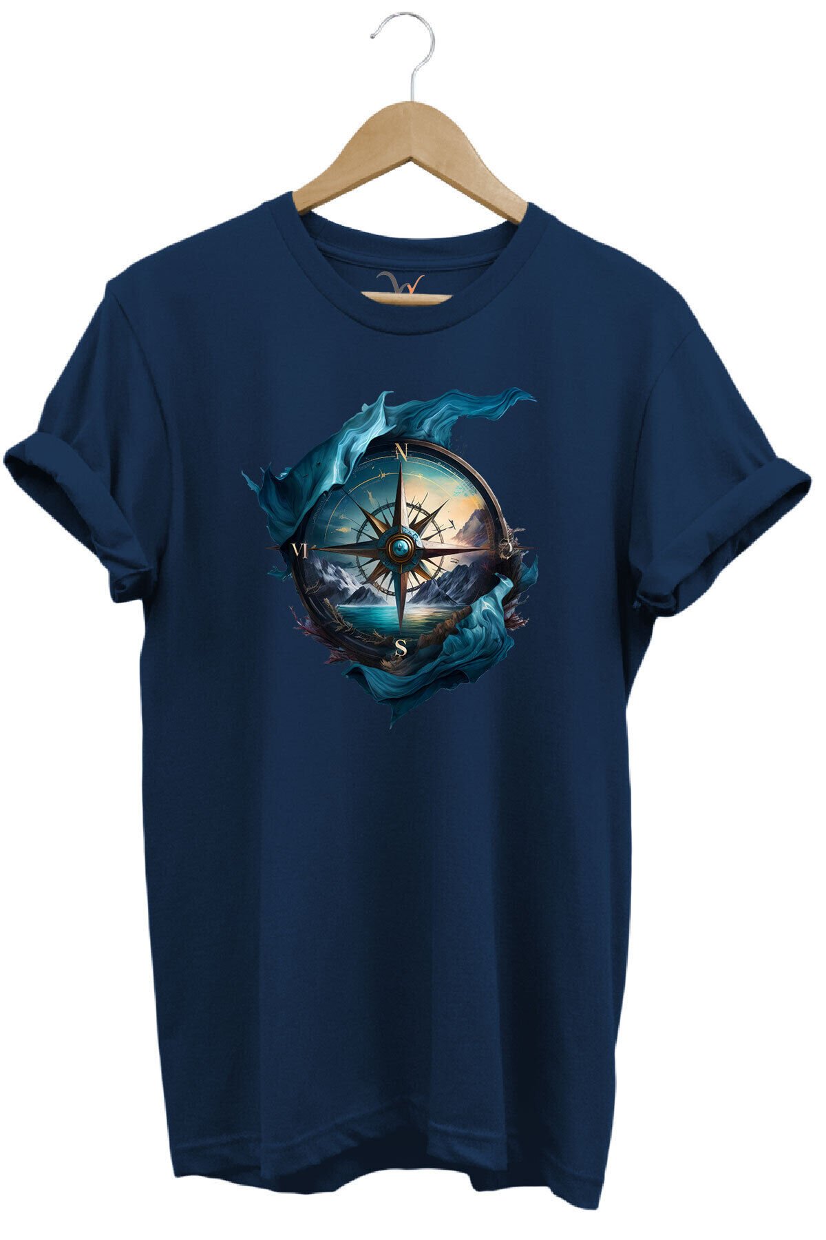 Renkli Manzara Ve Pusula Baskılı %100 Pamuk Regular Fit Lacivert T-shirt Lacivert - S