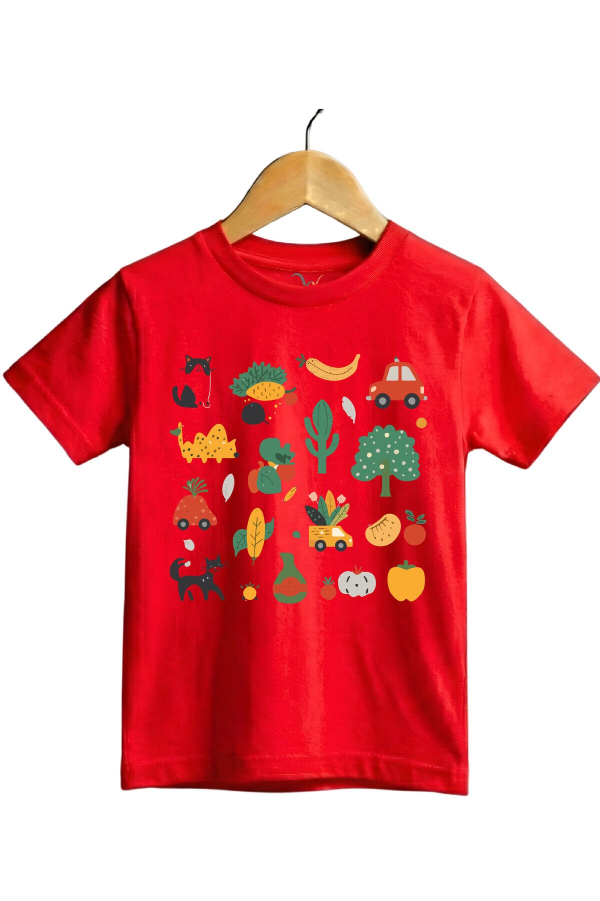 Fun Mix Sebze, Meyve ve Hayvan Baskılı Regular Fit %100 Pamuk Kısa Kollu Çocuk T-shirt Kırmızı - 3-4 Yaş